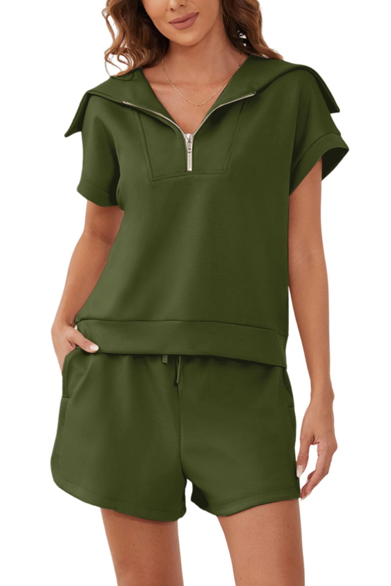 445# AL Women Half Zip Sweatshirt And Shorts Set