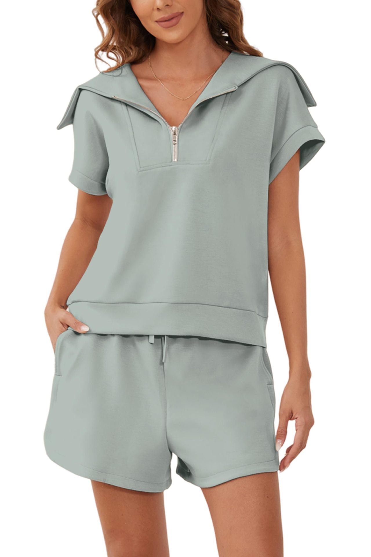 445# AL Women Half Zip Sweatshirt And Shorts Set