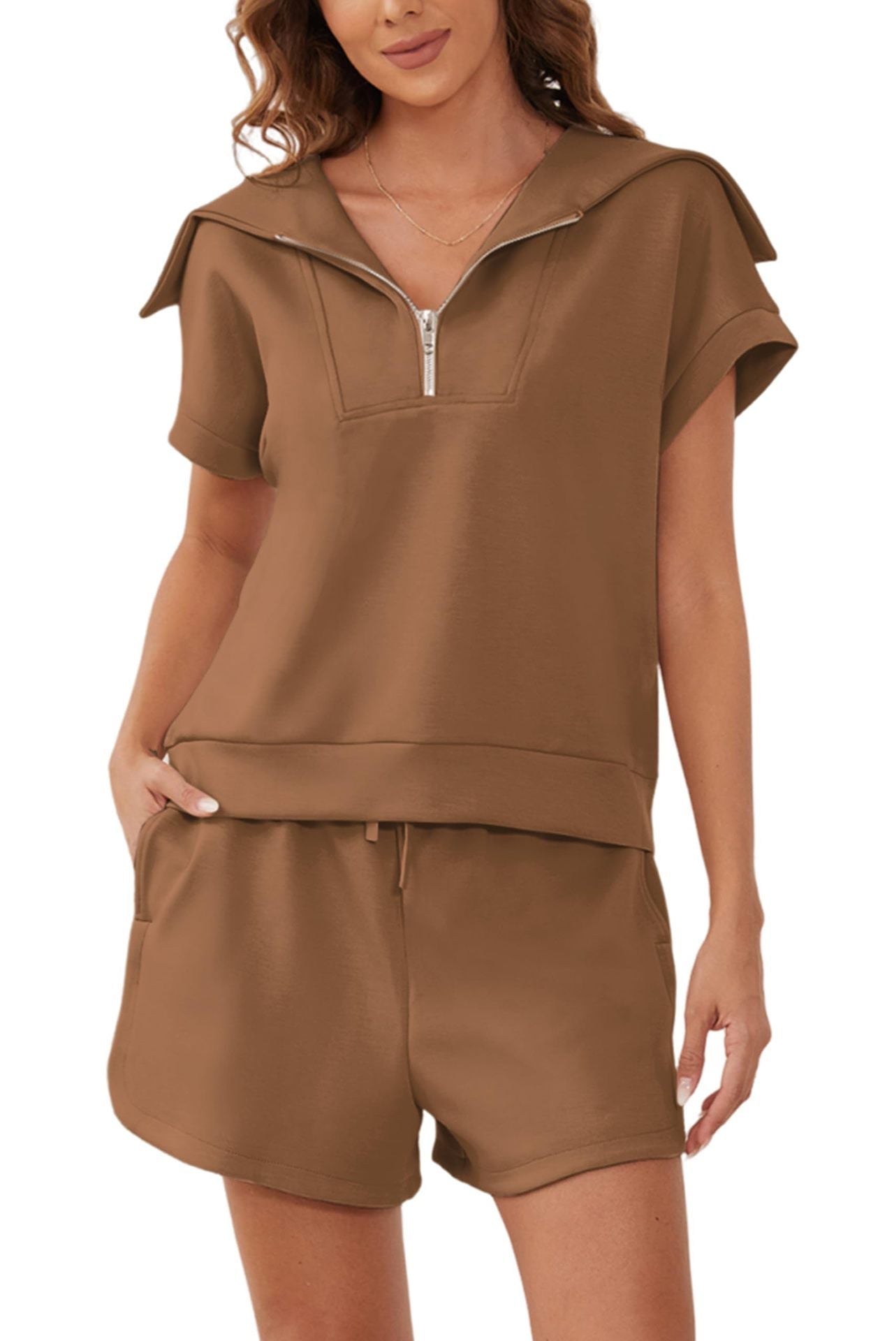 445# AL Women Half Zip Sweatshirt And Shorts Set