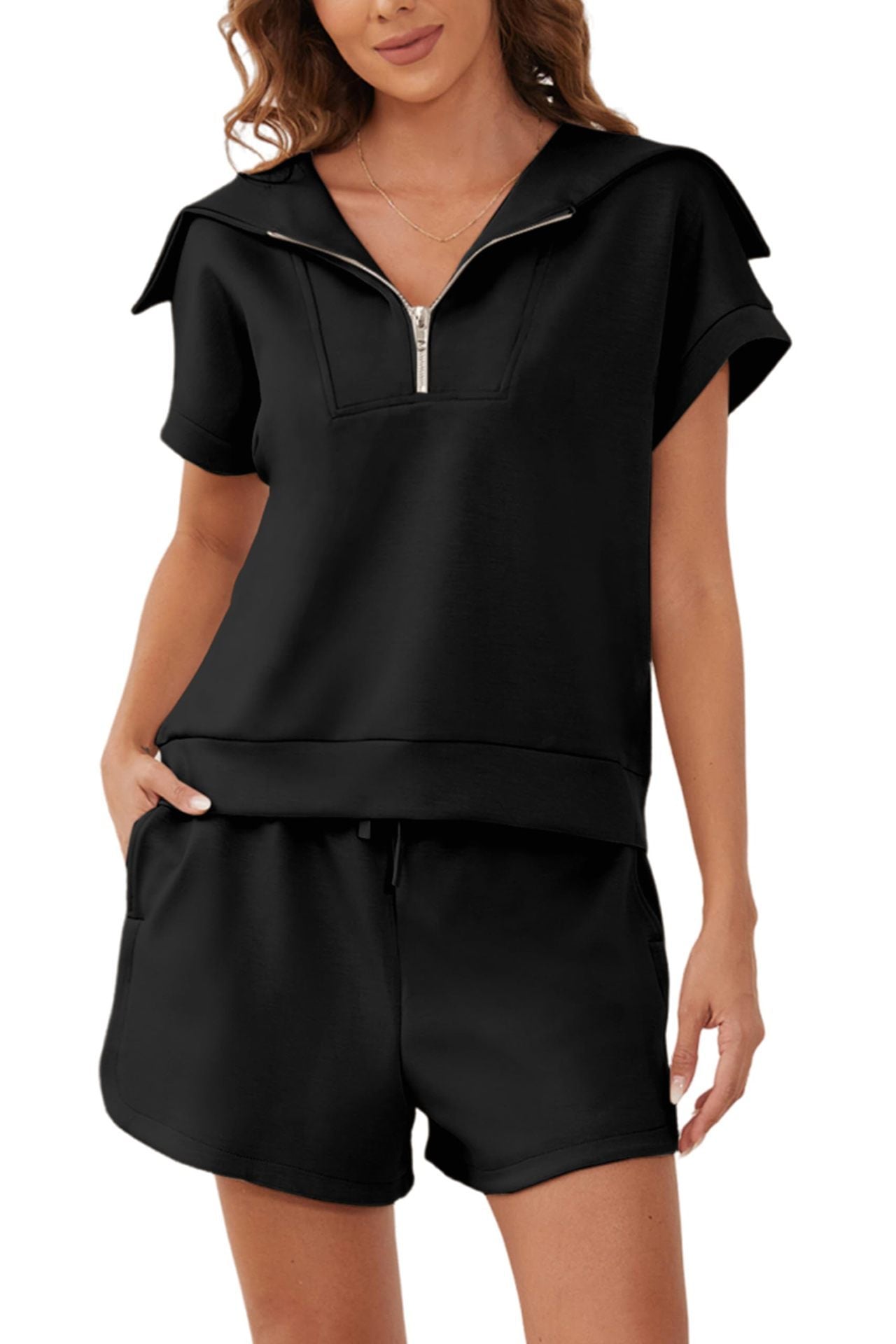 445# AL Women Half Zip Sweatshirt And Shorts Set