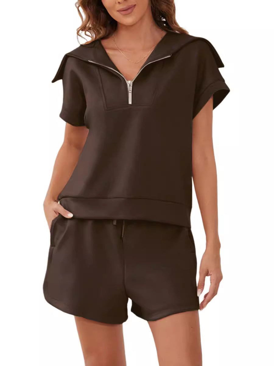 445# AL Women Half Zip Sweatshirt And Shorts Set