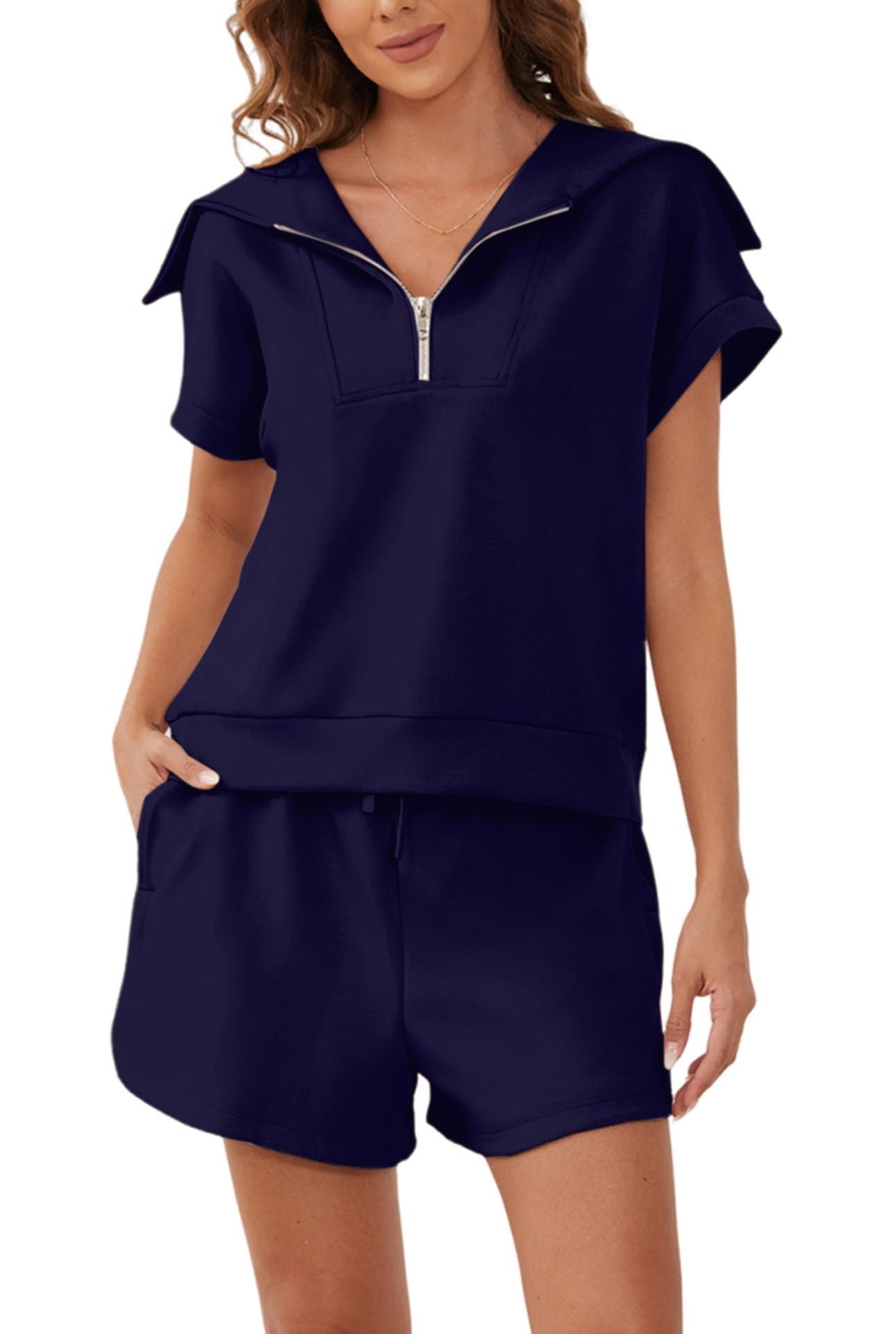 445# AL Women Half Zip Sweatshirt And Shorts Set